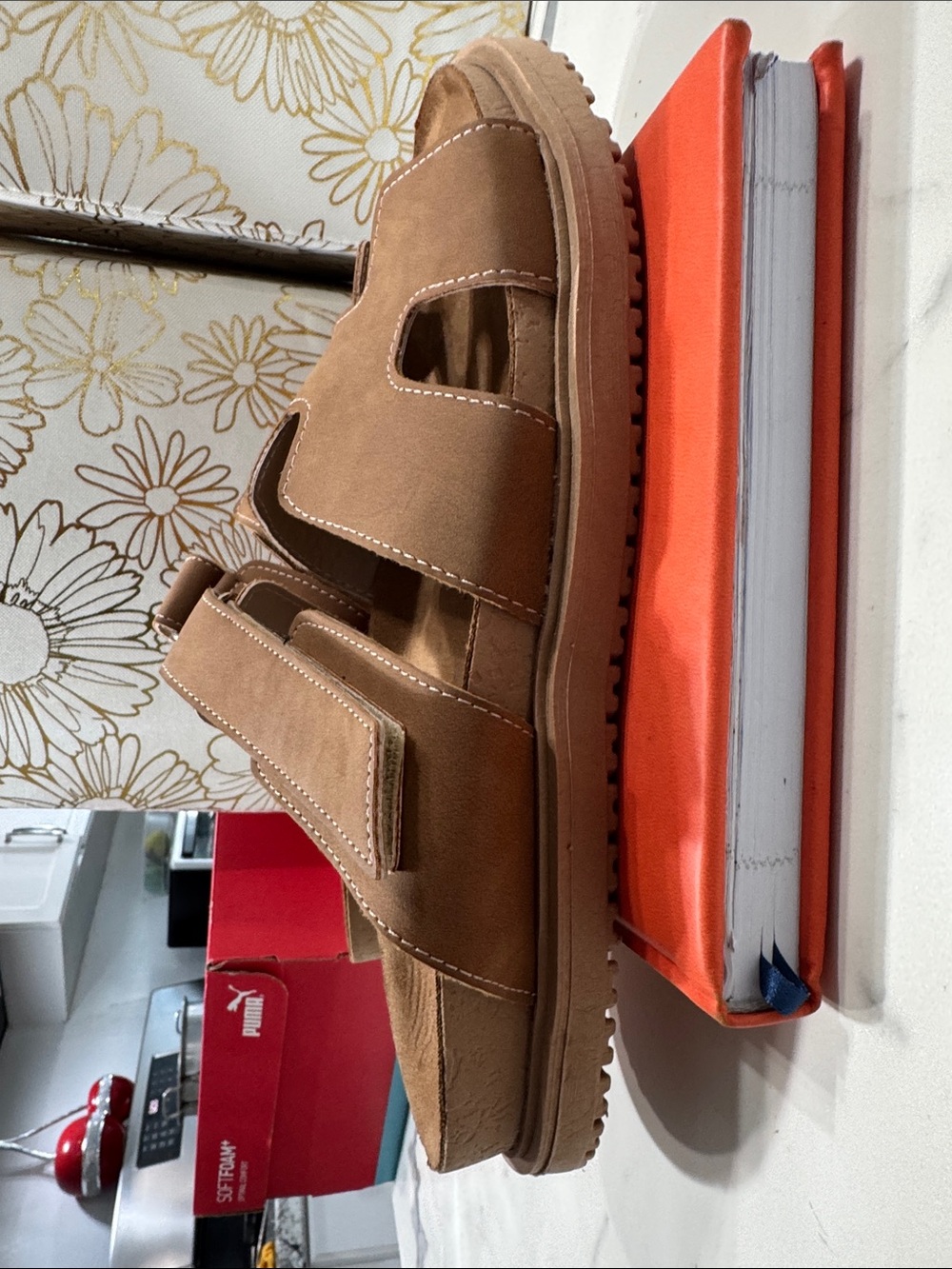 Tan H-Cutout Platform Slide Sandals with Adjustable Straps Mens Size 40